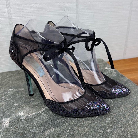 Betsy Johnson Stela Pointed Toe Stiletto Pumps Black Glitter Mesh Ankle Ties 7 - Picture 1 of 7